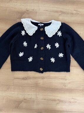 Polagram Navy Sweater with White Embroidered Flowers and Eyelet Collar